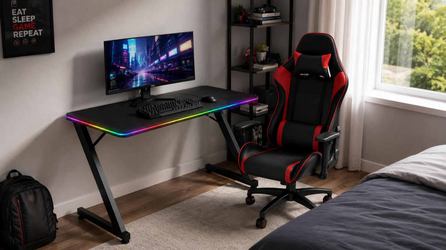 The same DS gaming desk and chair in a compact bedroom