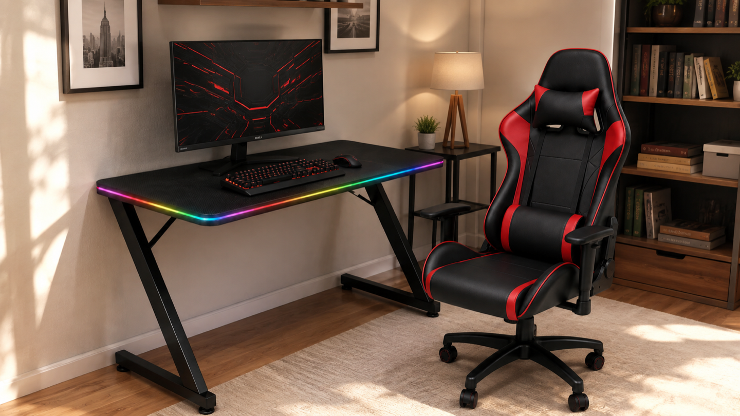 The same DS gaming desk and chair in a warm home office