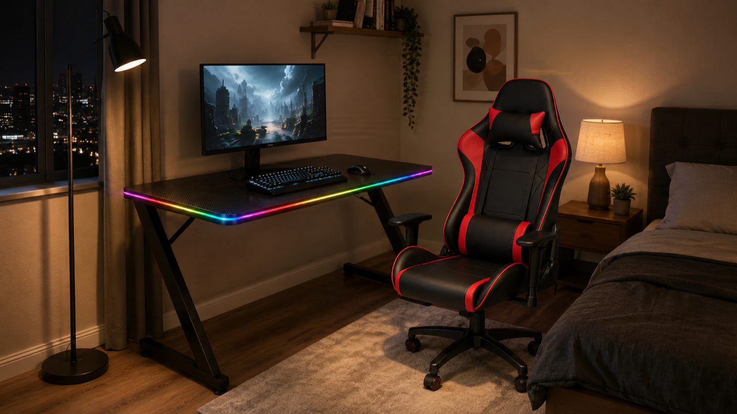 The same DS gaming desk and chair in an immersive night room